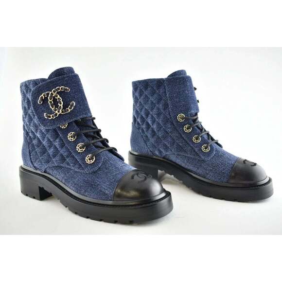 Chanel 21A Blue Black Quilted CC Chain Combat Lace Up Tie Ankle Short Boots 39 - Picture 5 of 12